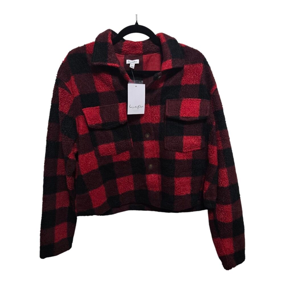 Love Fire Fleece Jacket Womens Size 1X Red Black Plaid Cropped NEW